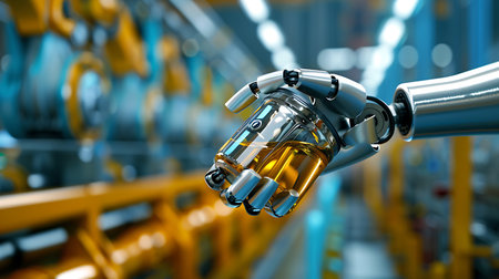3d rendering robotic hand working on a production line in a factoryの素材