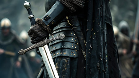 Medieval knightly armor and sword on the background of the battlefieldの素材