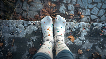 Feet of a girl in socks on a background of autumn leavesの素材