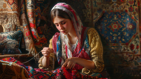 Young woman in ethnic clothes is knitting with a wool yarn at home.の素材