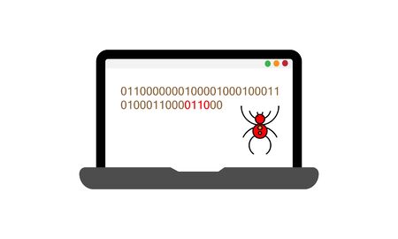 Computer bug find icon, error, bug or scam detected, thread, malware scan with magnifier. Malware on computer display. Virus computer bug icon. Simple design.のイラスト素材