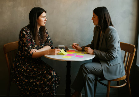 Business women discussing their ideas using sticky notesの素材