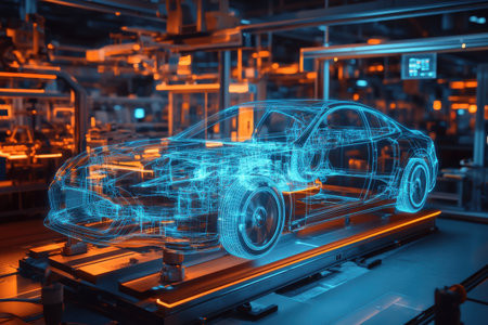 A futuristic car assembly line with a holographic overlay showing the digital blueprint of a car being constructed. The scene is lit with a blue and orange glow, highlighting the precision and technology involved in modern automotive manufacturing. The image conveys a sense of innovation and the seamless integration of digital technology with physical production.の素材