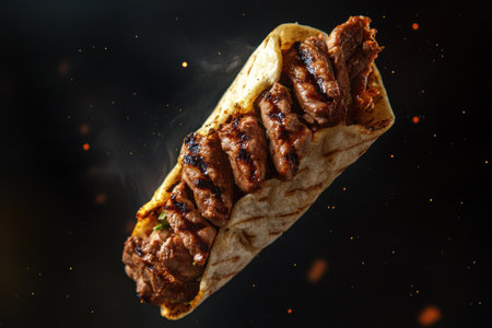 fresh grilled beef turkish or chicken arabic shawarma doner sandwich flying isolated on black backgroundの素材