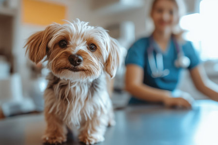 Cute small dog being examined by professional veterinarian in vet clinicの素材