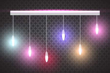 Realistic glowing light bulb icon set with a pendant down from the ceiling vector illustration. Lamps hanging from the ceiling on a transparent background.のイラスト素材