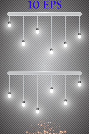 Realistic glowing light bulb icon set with a pendant down from the ceiling vector illustration. Lamps hanging from the ceiling on a transparent background.のイラスト素材