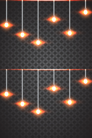 Realistic glowing light bulb icon set with a pendant down from the ceiling vector illustration. Lamps hanging from the ceiling on a transparent background.のイラスト素材