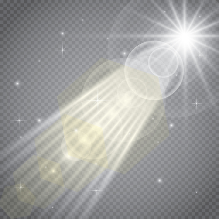Abstract front sun lens flare transparent special light effect design. Vector blur in motion glow glare. Isolated on transparent background. Decor element. Star burst with rays and spotlightのイラスト素材