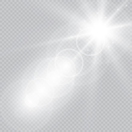 Abstract front sun lens flare transparent special light effect design. Vector blur in motion glow glare. Isolated on transparent background. Decor element. Star burst with rays and spotlightのイラスト素材