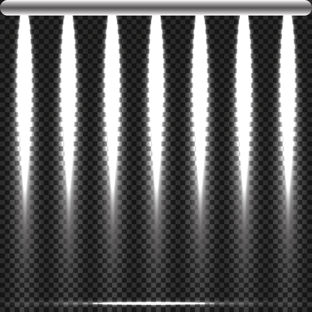 Concert lighting, stage spotlights set. Concert spotlight with beam, illuminated spotlights for web design illustrationのイラスト素材