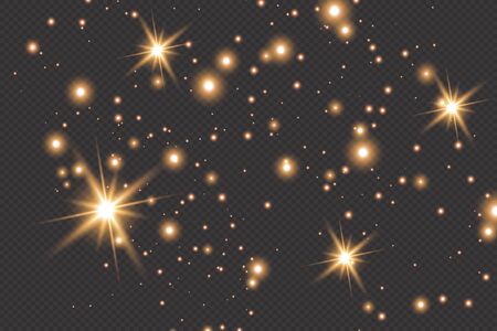 Set of gold glowing light effects isolated on dark background. Glow light effect. Star exploded sparkles.のイラスト素材