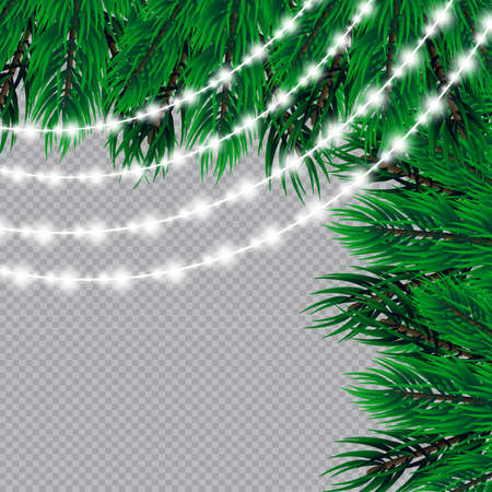 Christmas lights isolated on transparent background. Christmas glowing garlands on a green tree ..のイラスト素材