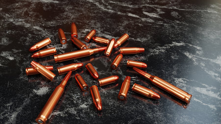 Pistol bullets placed on dark floor. Rifle cartridges close-up 3d rendering. Military weapon war concept 8k wallpaper illustration.の写真素材