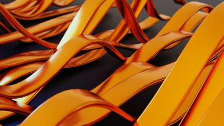 3d rendering of abstract background with wavy lines in black and orangeの写真素材