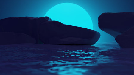 3d render of abstract background with sea and moon. Futuristic conceptの写真素材