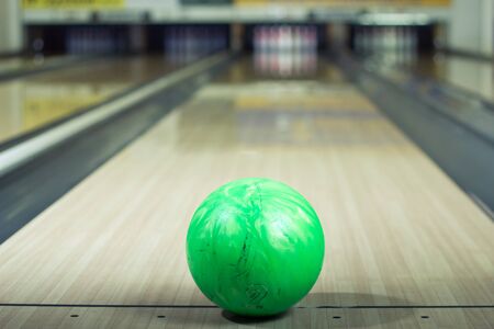 Close-up of a bowling ball in an alley, leisure timeの写真素材