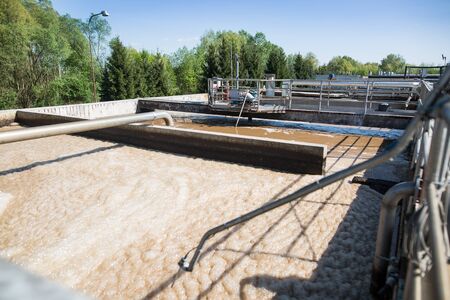 Wastewater treatment plant in operation, ecology concept
