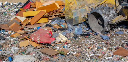 Close up of bulldozer working on the huge household garbage landfil, ecologic problem, environmental...