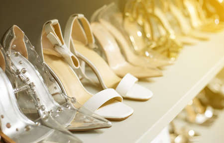 Close up of a high heel shoes in a row in the store, footwearの写真素材