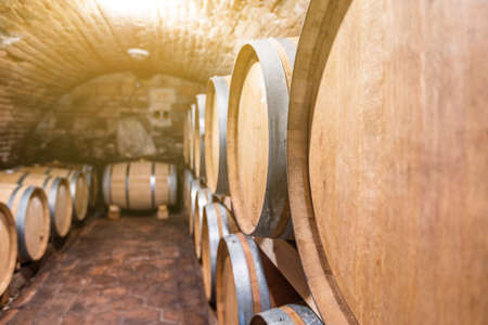 Close up of wine barrels in wine arches in a row in a winery, stacked wine barrels, vineyard concept