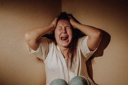 Young woman suffering strong anxiety and depression, healthcare concept, civilization disease