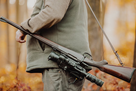 Hunter or ranger with gun or rifle in the forest hunting of some venison, hunting period, autumn...