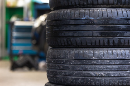 Set of summer tires of the car in the car service, transport conceptの写真素材