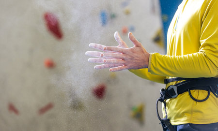 Athletic young man using magnesium for dry hands, dust flies from talcum powder, white chalk powder, indoor wall climbing conceptの写真素材
