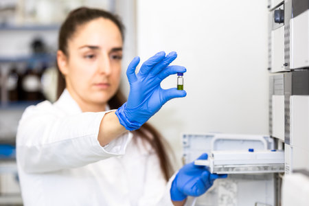 Young woman scientist holding test tube with lab glassware, science laboratory research and development concept, laboratory researchの写真素材