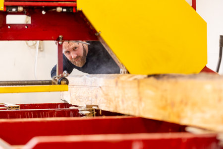 Young joiner, worker cutting huge wood on the band saw, joinery and carpenter concept