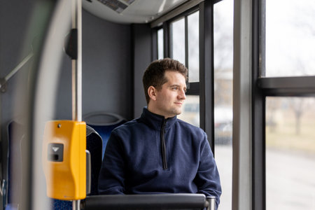 Male bus passenger in the public bus transport, concept of an urban transportationの写真素材