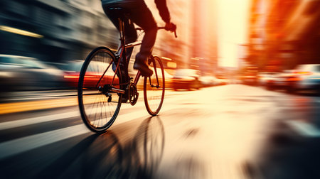 Young man cycling very fast in the city during a traffic jam, effective transportation conceptの素材