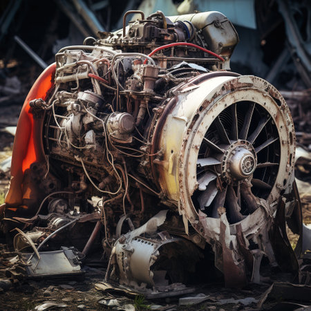 Destroyed and burnt airplane motor, plane crash, transportation conceptの素材