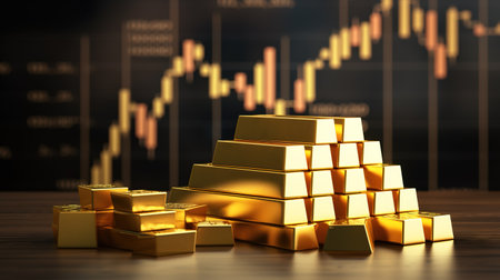 Gold bars with rising curve of the graph on the background, investment opportunities gold, finance conceptの素材