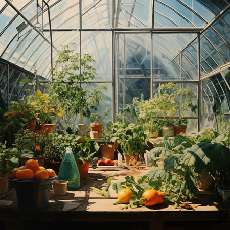 Greenhouse with kind of vegetable and gardening equipment, agricultural conceptの素材