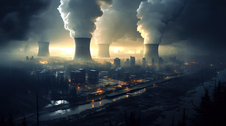 View to nuclear power plant producing electrical energy, industrial conceptの素材