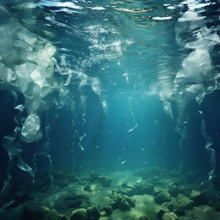 Plastic pieces and sheet in the ocean underwater, polluted water, ecology issueの素材
