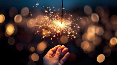 A hand holding burning sparkler with a lot of sparks aroundの素材