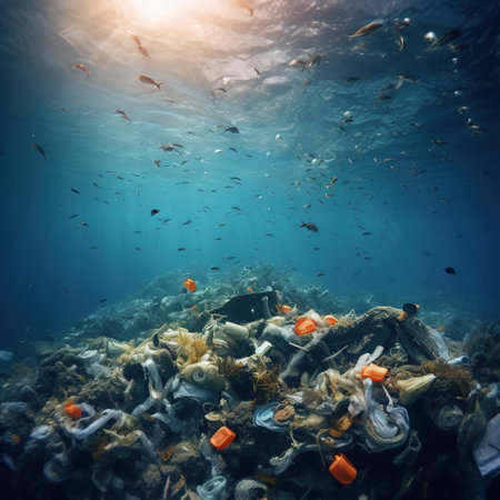 View to underwater polluted ocean with plastic pieces, pollution conceptの素材