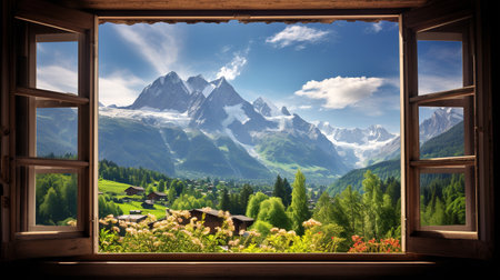 Landscape beautiful view from window to incredible snowy alps and lovely nature around, nature conceptの素材