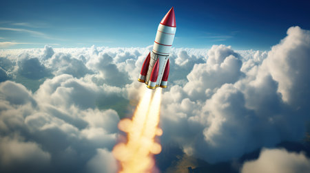 Flying rocket into space cosmos, observing galaxy conceptの素材