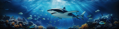 Shark underwater by the coral at sea, nature conceptの素材