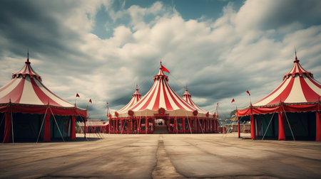 Huge circus tent ready for a traveling company of acrobats, clowns, and other entertainers which gives performancesの素材