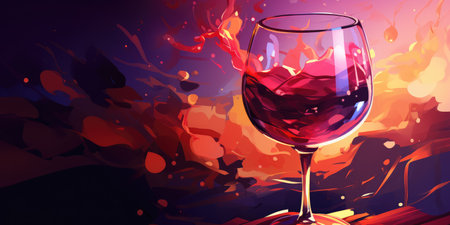 A glass of red wine with landscape view to vineyard, drink conceptの素材