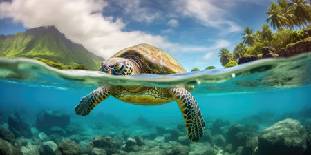 Lovely turtle in the ocean, wildlife and nature conceptの素材