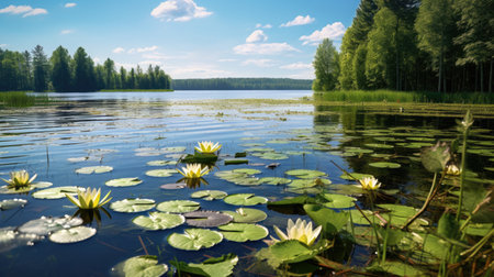 Blooming water lilies on the lake with beautifuk nature scenery, nature conceptの素材