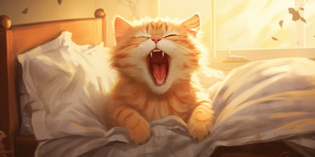 Yawning cat in the bed during sunrise sun, funny animal conceptの素材