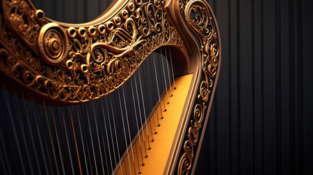 Detail to harp instrument isolated on dark black backgroundの素材