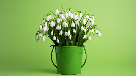 Bucket of snowdrops isolated on the green background, easter celebration conceptの素材